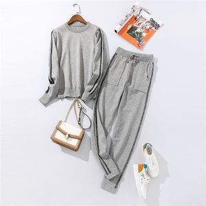 Autumn and Winter Explosions Sportswear High Collar Sweater Knit Pants Suit Casual Women's Two-piece Suit