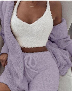 2019 Women Two Piece Set Outfits Autumn Winter Fluffy Hooded Open Front Teddy Coat & Short Sets