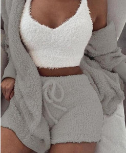 2019 Women Two Piece Set Outfits Autumn Winter Fluffy Hooded Open Front Teddy Coat & Short Sets