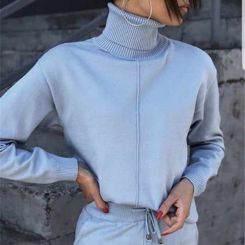 FORERUN Women Two Piece Sweater Outfit Turtleneck Sweater Knitted Pullover and Knitted Pants 2 Piece Autumn Suits and Set